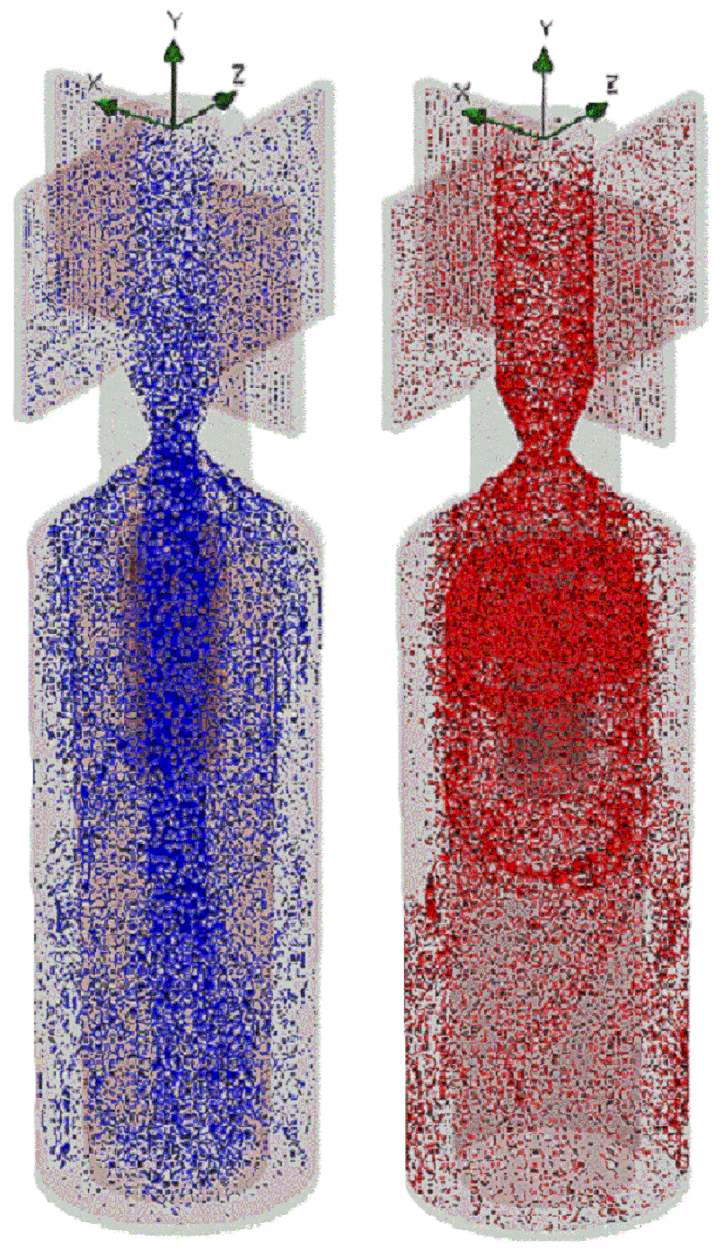 分級器内の微・粗粒子の挙動(左：0.1μm、右：25μm)